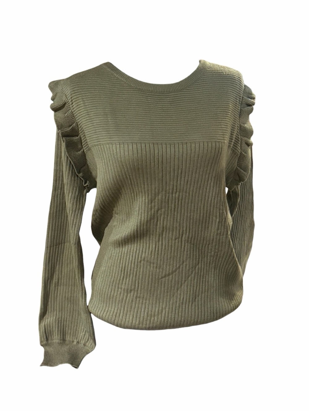 NWT Deepself Olive Green Ruffle Shoulder Ribbed Knit Sweater - Size Large
